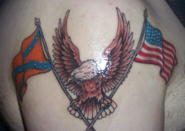 Eagle Clutching American and Confederate Flag Tattoo