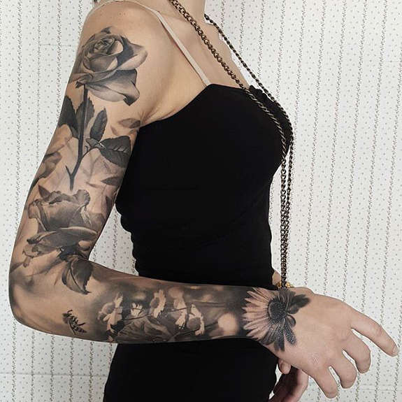Rose flower sleeve tattoos for girl
