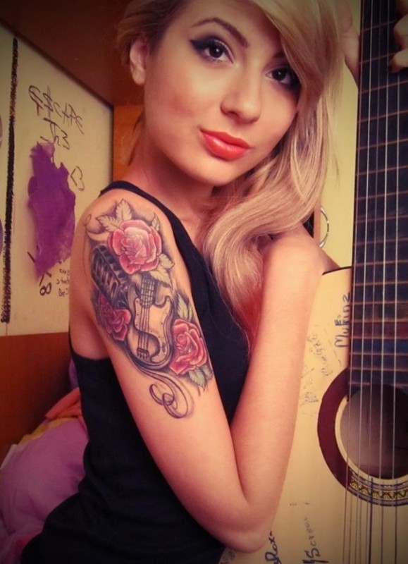 Rose flower with guitar tattoos for girl