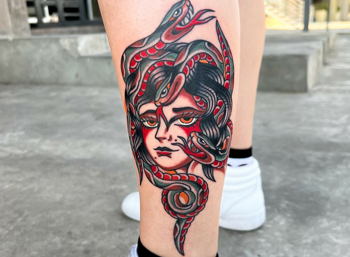 medusa tattoo on leg