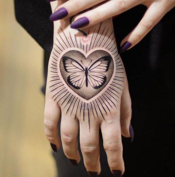 Butterfly Heart Hand Tattoo