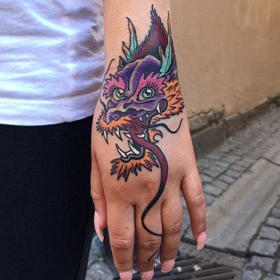 Colorful Dragon Hand Tattoo