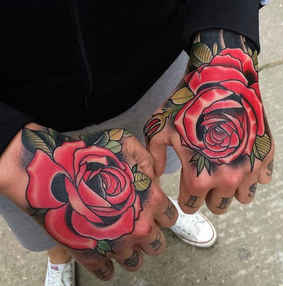 Double Red Rose Hand Tattoo