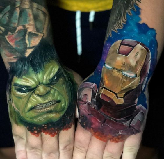 Hulk and Iron Man Hand Tattoos