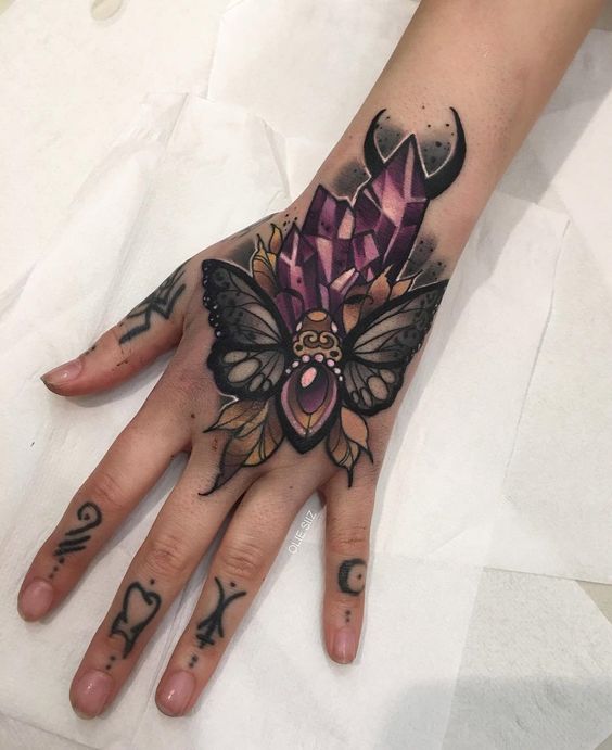 Moth Crystals Hand Tattoo