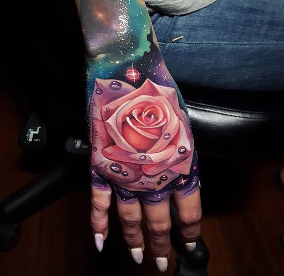 Pretty Pink Rose Hand Tattoo